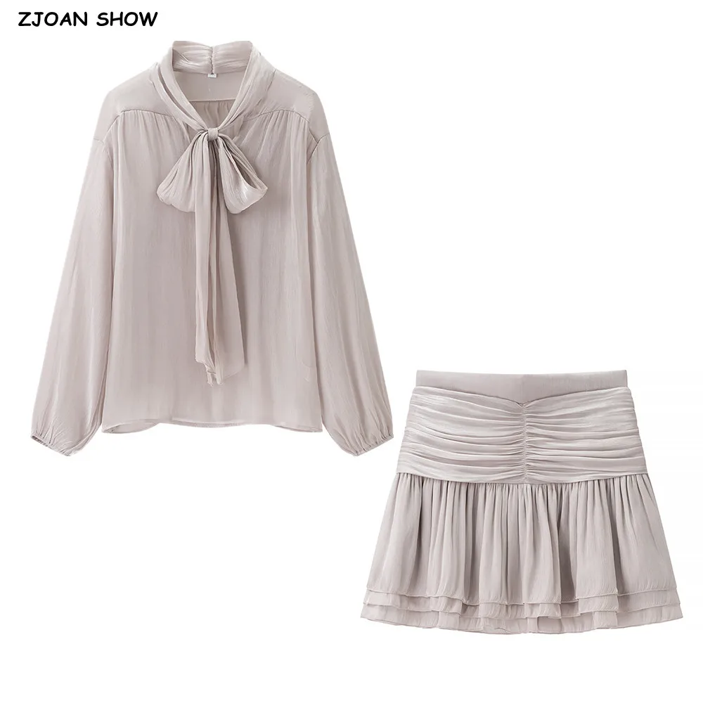 

2025 CHIC Silver Tie Bow Collar Satin Long Sleeve Shirt + Ruched Low Waist Hem Fold 3 layers Hem Mini Skirt 2 pieces 1 set