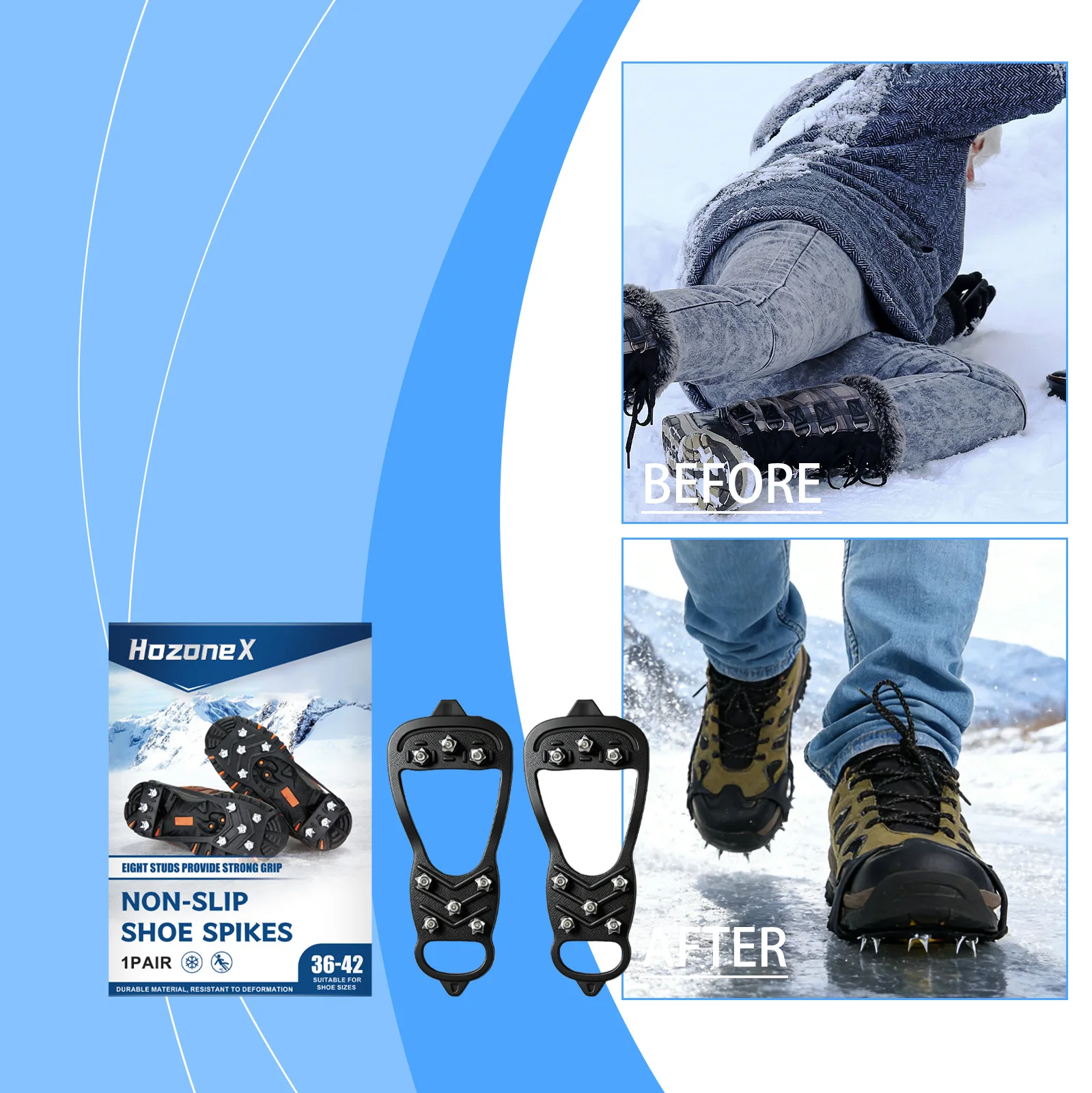 HozoneX Eisgriffe Schuhüberzüge mit 10 Stahlspikes, Rutschfeste Schneeschuhe für Bergsteigen, Eisfischen und Winteraktivitäten im Freien