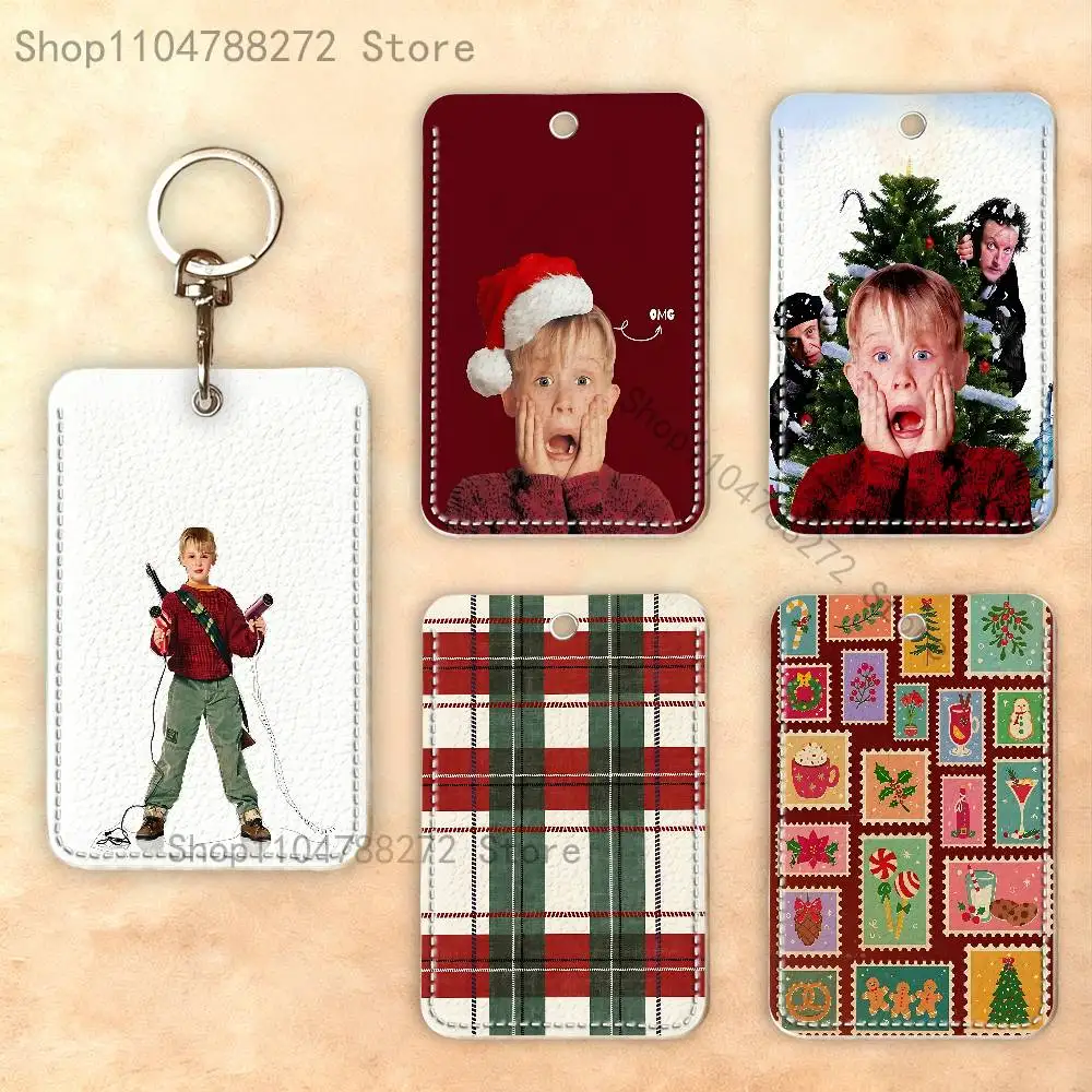 Merry Christmas Custom Access Card Case Leather Card Holder Keychain Key Ring Transportation Card Case Gifts