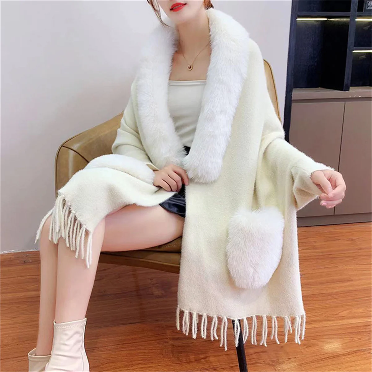 Women Cardigans Thick Poncho Coat Autumn Winter Soft Faux Mink Velvet Shawl Capes Outside Tassel Cloak With Fur Neck Pocket