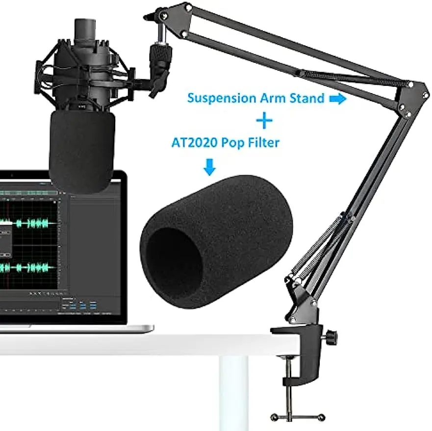 Audio-Technica AT2020 Mic Boom Arm with Foam Windscreen, Suspension Boom Scissor Arm Stand with Pop Filter Cover