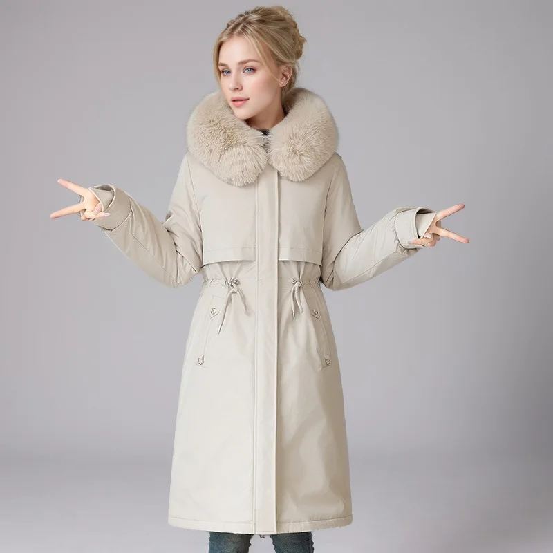 

Heavyweight Women's Winter Jacket Drawstring Luxury Fur Collar Slim Fit Lady's Padded Coat Long Over-the-knee Top For Female