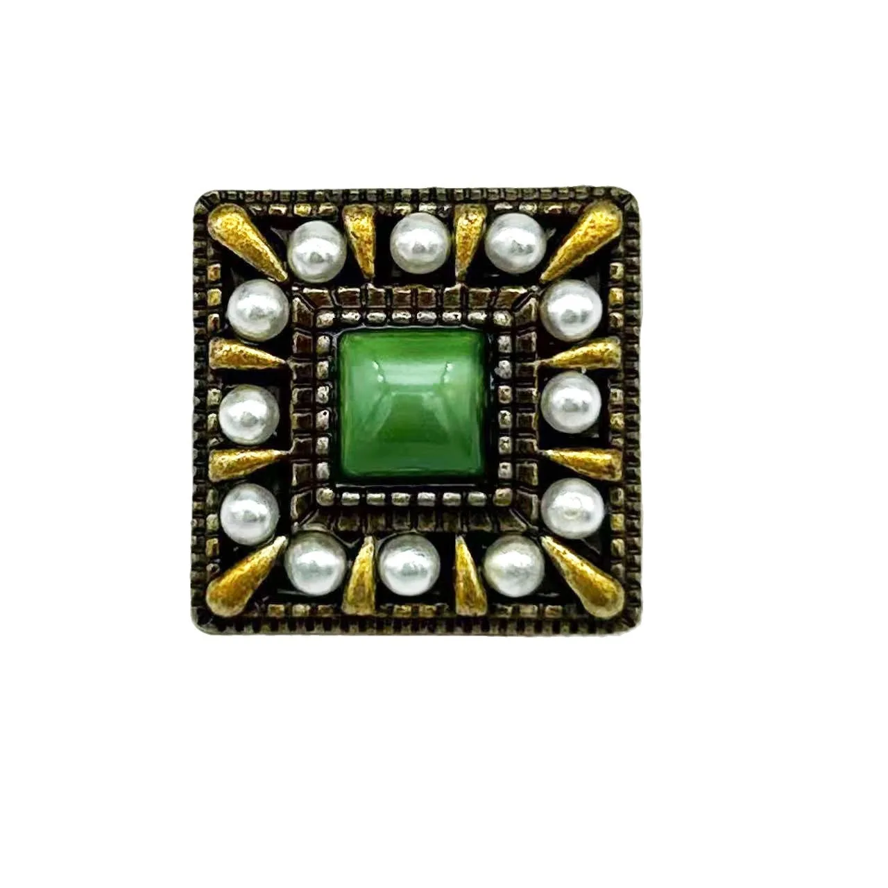 6PCS/Lot Luxury Vintage Pearl Embellished Button DIY Shanked Square Antique Gold Green Hand Stitched Clothing Decorative Button