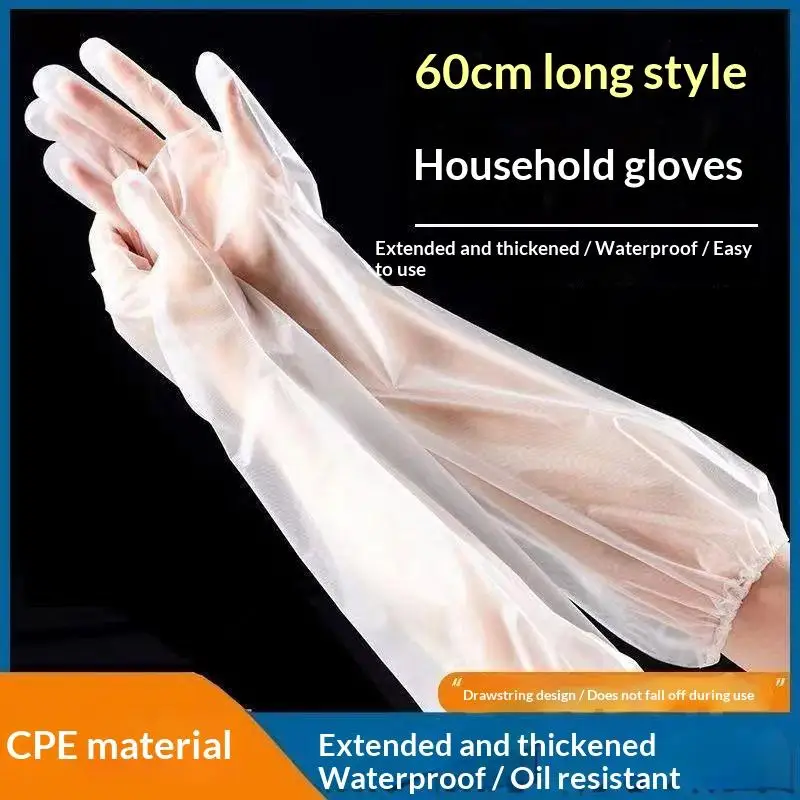 CPE Kitchen Cleaning Gloves 60cm Extra Long Waterproof Thickened Anti-Slip Cuff for Home Daily Use