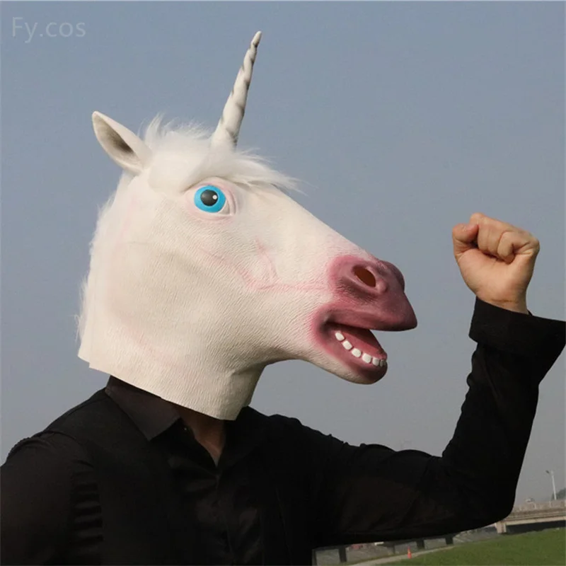 Unicorn Sleep Mask Novelty Halloween Costumes for Men Real Latex Mascara Head Hood Full Face Cosplay Funny Animal Horse Donkey