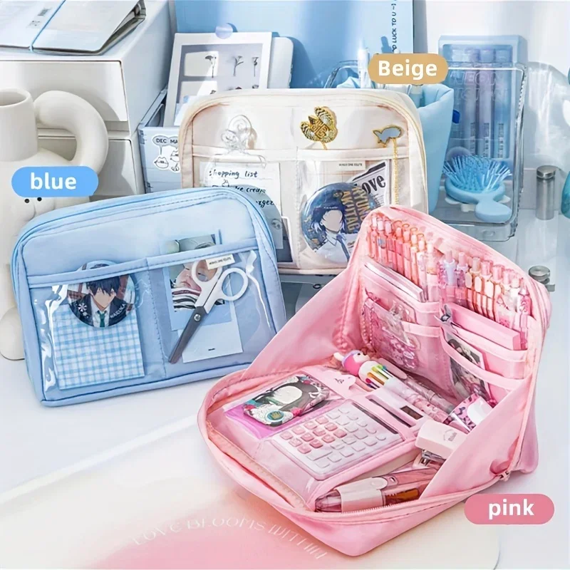 Imagem -04 - Grande Capacidade 90 ° Abrir Bolsa de Lápis Case Lápis Estética Kawaii Canvas Pen Pouch Papelaria Caixa de Armazenamento para Menina