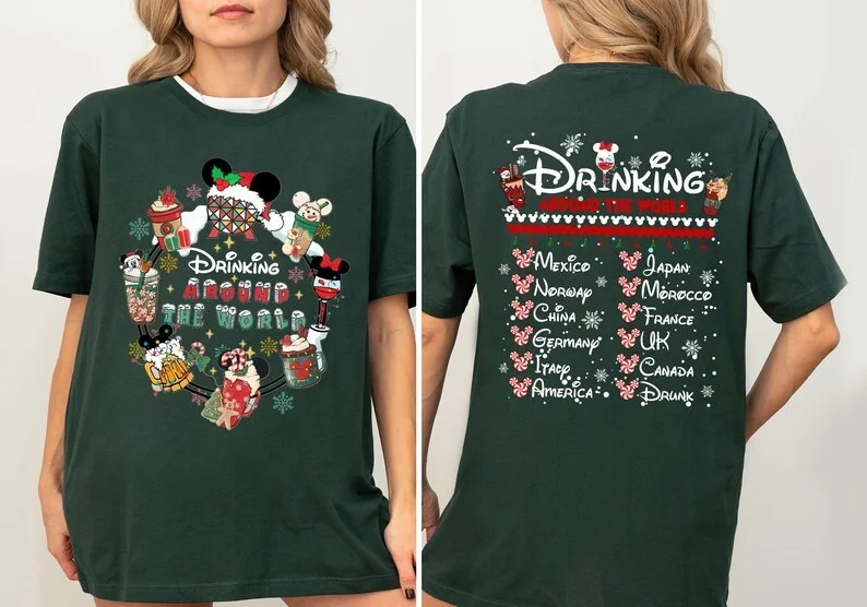 

2026 Hot Disney Drinking Around The World Christmas T-Shirt New Oversized Men and Women Couple Casual Street Wear