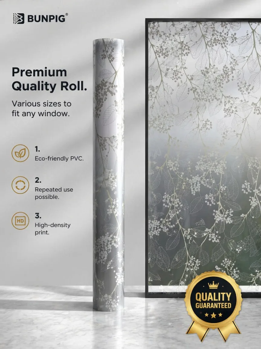 Japanese Style Ginkgo Flower Privacy Window Film Static Cling No Glue Translucent Removable for Bathroom Glass