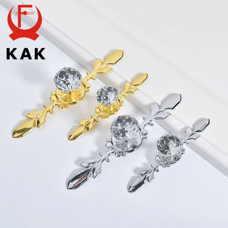 KAK Gold Diamond Crystal Glass Cabinet Knobs and Handles Cupboard Door Pulls Zinc Alloy Kitchen Handle Furniture Door Hardware