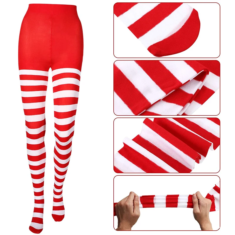 〔CC〕|Christmas Stockings Red Green Striped Pantyhose Stretch Leggings Party Costume Y2K Knit Knee-high Long Tights Socks