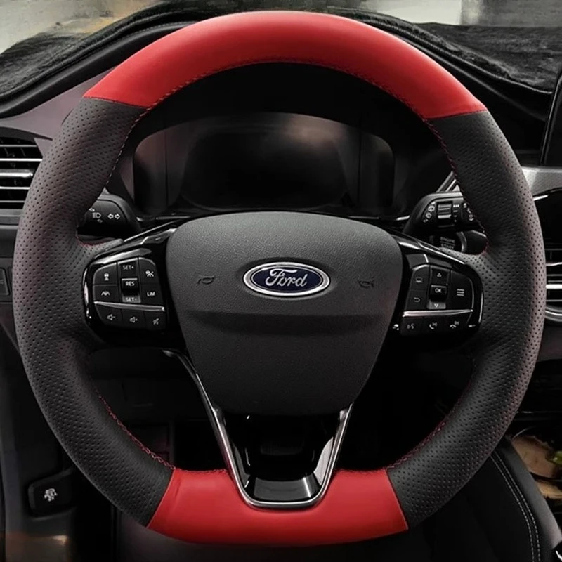 

Для Ford Focus 4 Fiesta Tourneo 2017-2020 сшитый вручную нескользящий черный, красный чехол на руль автомобиля из натуральной кожи