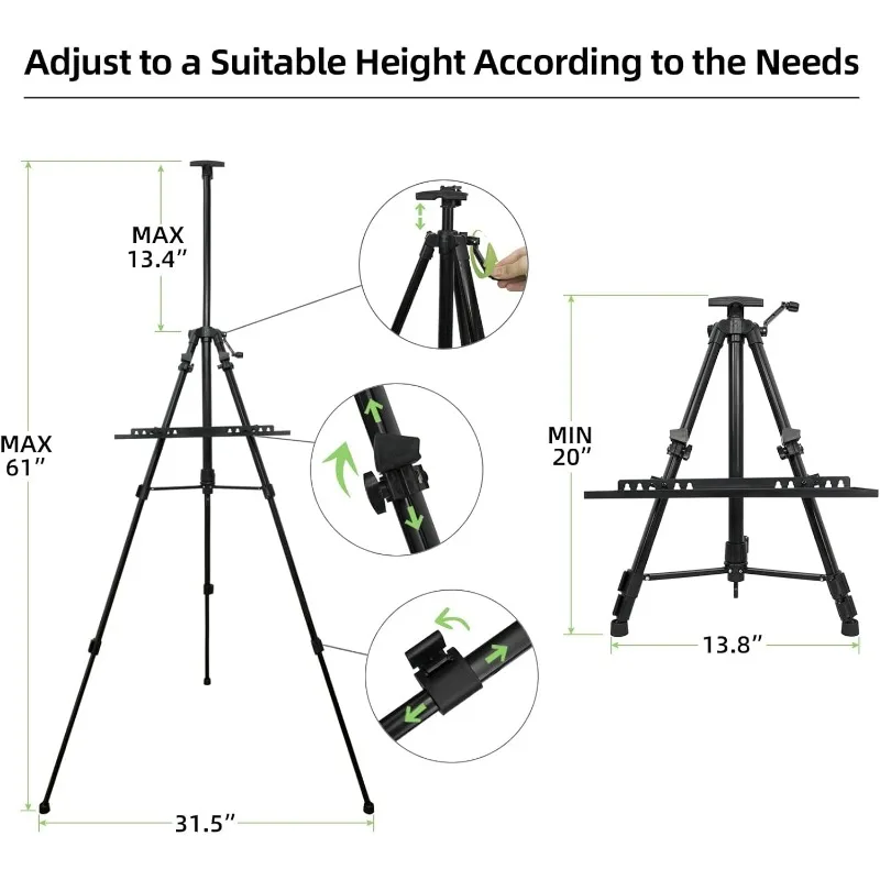 حامل حامل فني للرسم، حامل فني من 20 إلى 61 بوصة للرسم على القماش والعرض، ارتفاع قابل للتعديل من الألومنيوم #4
