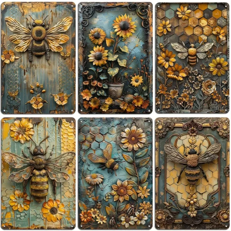Vintage Metal Aluminum Poster Bees and Flowers Signs Posters Plate for Bars Restaurant Pub Cafe Home Room Clubs Retro Plaque