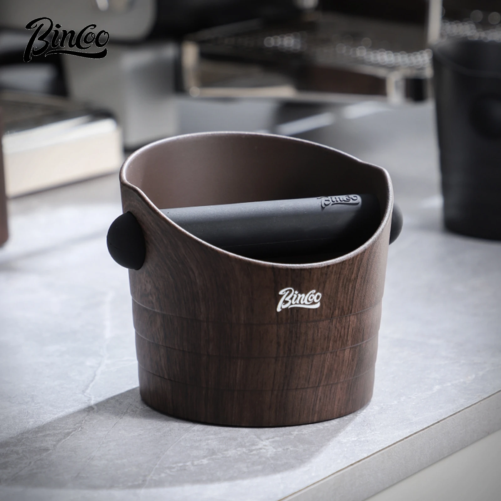 

Bincoo Barista Style Coffee Grounds Container - Wood Grain Knock Box with Waste Storage for Home Use