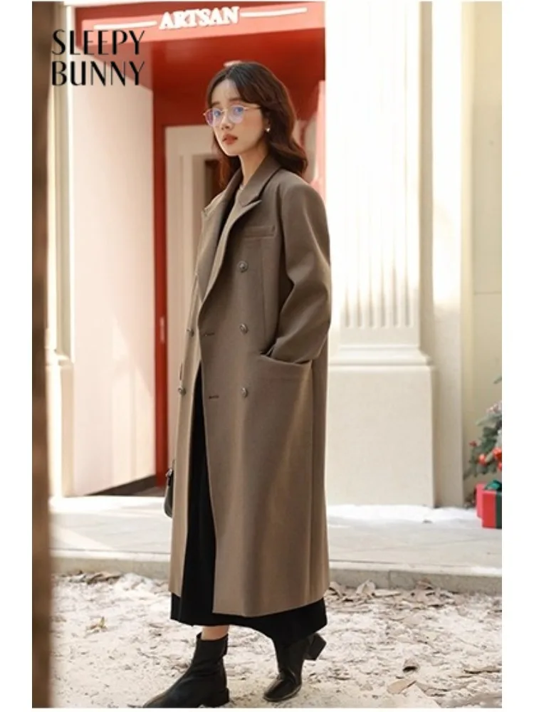 빈티지 우아한 울 느낌 코트 여성용 롱 더블 브레스티드 오버코트 따뜻한 겨울 오피스 아우터웨어 라펠 클래식 디자인