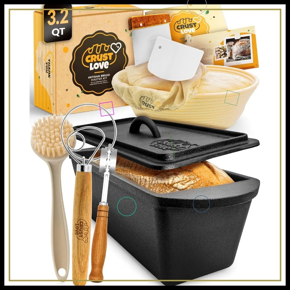 

Rectangular Cast Iron Dutch Oven for Bread Baking - Includes Sourdough Supplies, 3.2QT Pan with Lid for Homemade Bread