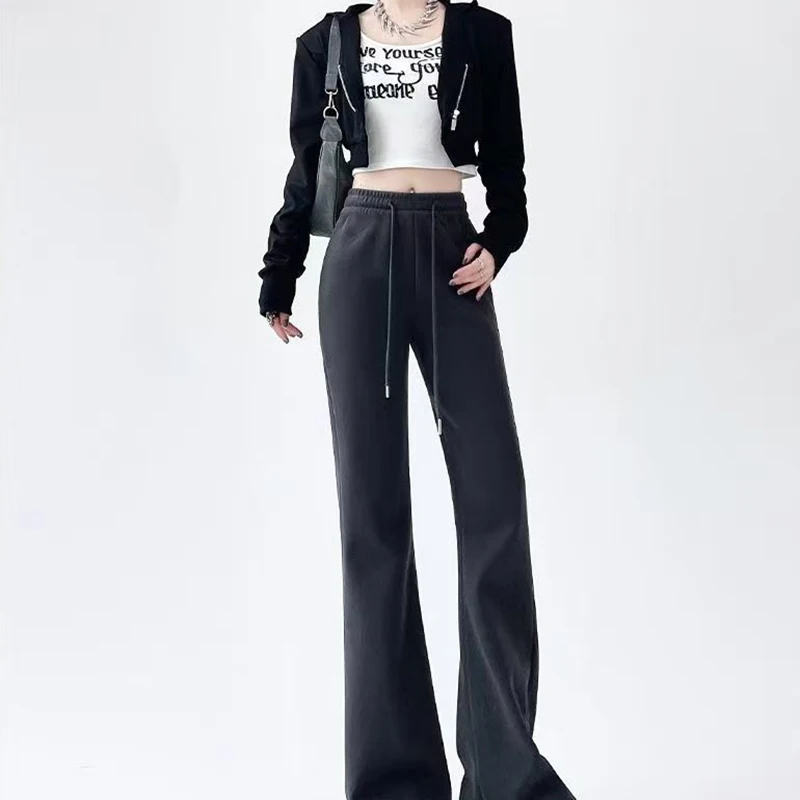 Micro Flared Pants Casual Dark Gray Sports High Waisted Drawstring Elastic Long Pants Solid Simple For Women Clothes Fashion New