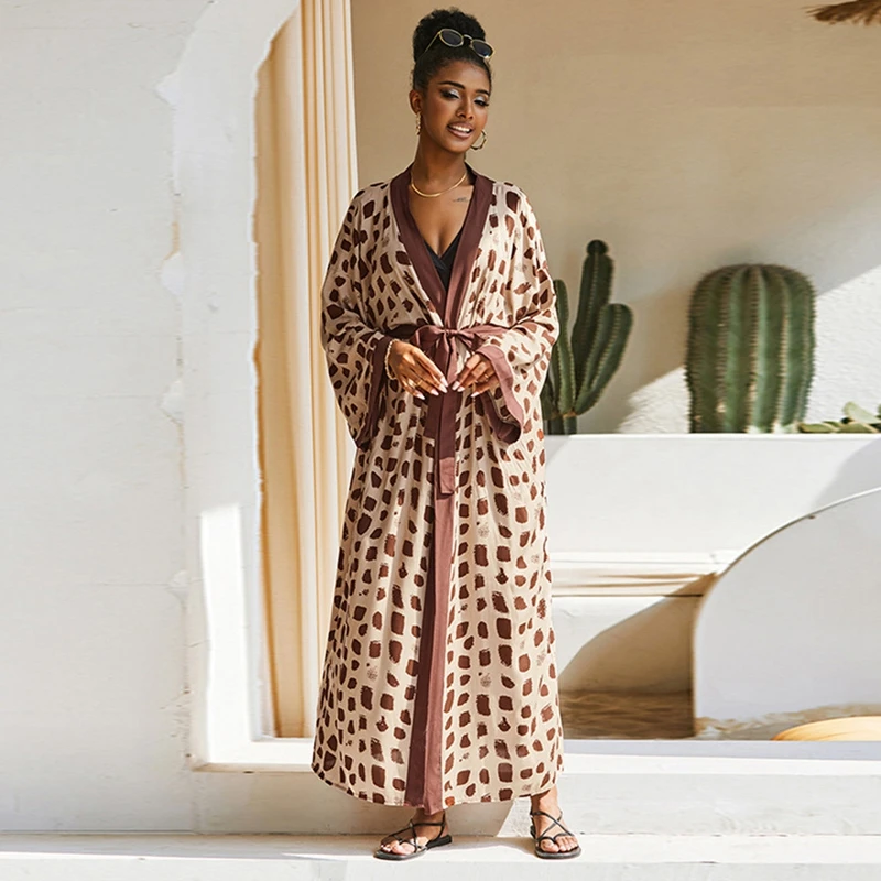 

Summer Stuning Print Coats Women Boho Vibe Chic Belt Long Kimono Designer Pattern Cardigan Full Sleeve Holiday Beach Cover Ups