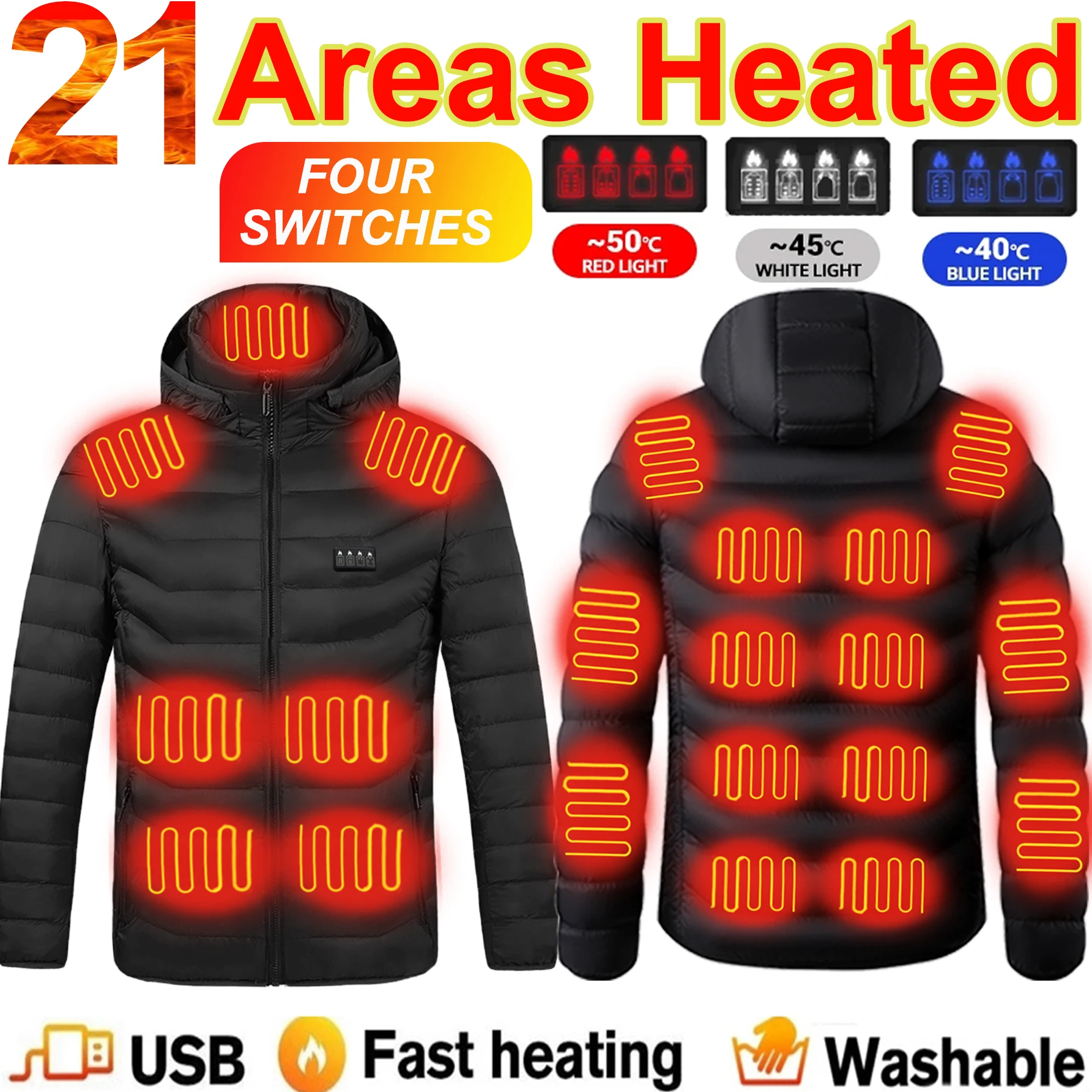 21/15/9 Areas Heated Jackets Men Long Sleeve Heated Vest Men Electric USB Heating Jackets Heated Coat Clothing Jacket Winter