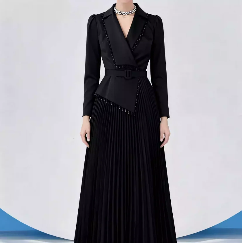 

Черное плиссированное платье с вырезом и бисером, женское элегантное винтажное платье с поясом и длинными рукавами, облегающее деловое платье