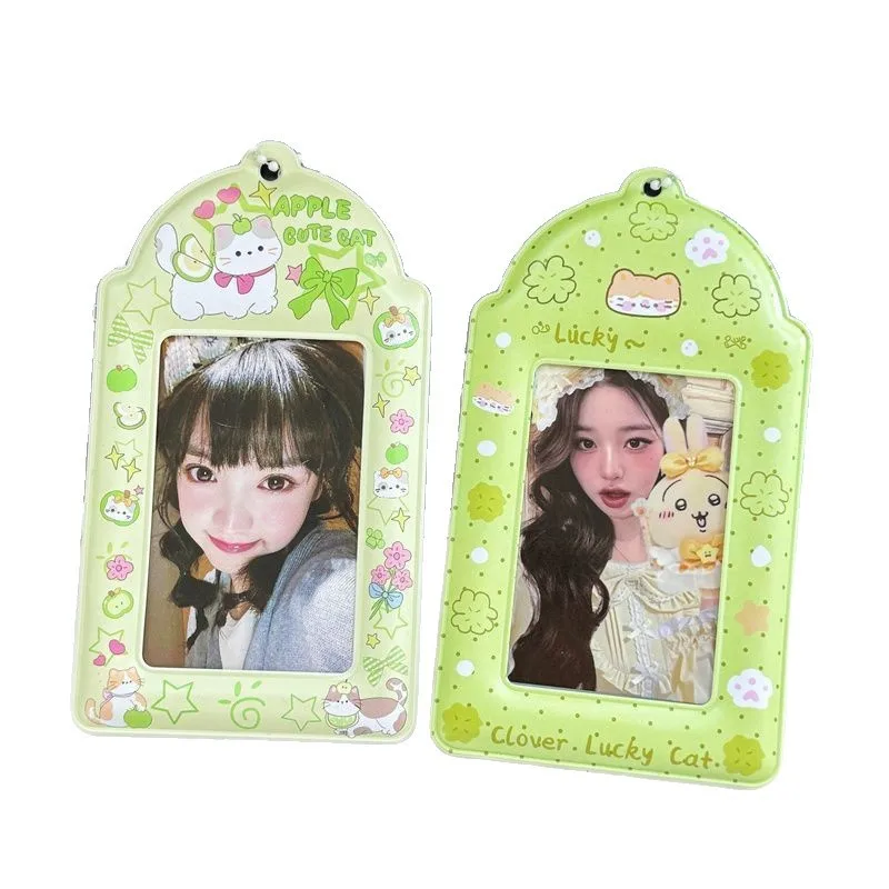 2pcs Cute Cartoon Cat Card Holder Green Tone Ins Style PVC Kpop Idol Photo Storage Pendant image 5