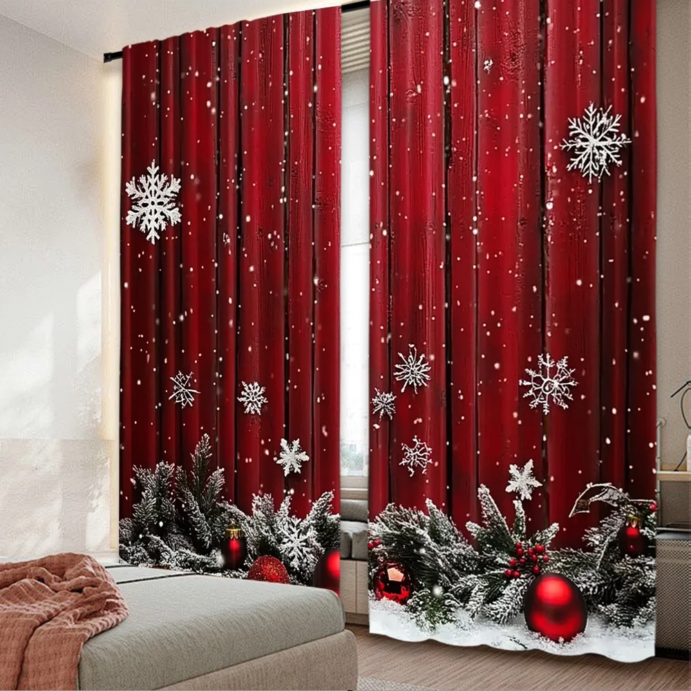 2D-Flachdruck, 2 Stück, Frohe Weihnachten, Party-Vorhänge, festliche Schneeflocken und Tannenzweige, digital bedruckte Polyester-Vorhänge