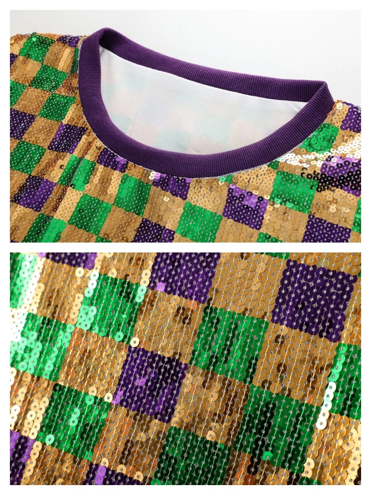 Robe de soirée à paillettes Mardi Gras pour femmes, col rond, demi-manches, t-shirt court et ample, robe carrée à paillettes géométriques