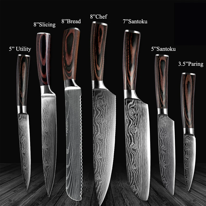 7PCS Kitchen Knife Set Stainless Steel Blades Damascus Laser Pattern Chef Knife Utility Knives Paring Cooking Tools Dropshipping