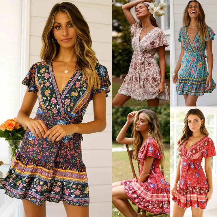 Summer Sexy Fashion Women Casual Short Sleeve Floral Printed Boho Wrap Frill Beach Short Mini Dress Sundress Holiday Wear travel