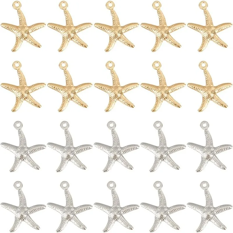 

100Pcs Starfish Charms Ocean Charm Bulk Stainless Steel Starfish Silver Real 24K Gold Plated Starfish Charms for Jewelry Making