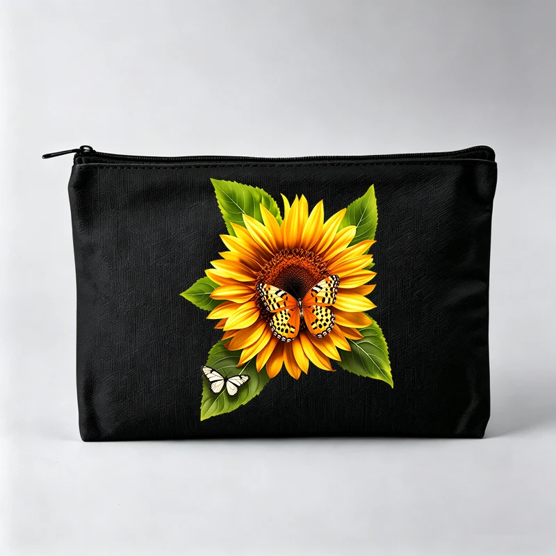 Women's Sunflower and Butterfly Print Makeup Bag, Zipper Cosmetic Pouch for Daily Use