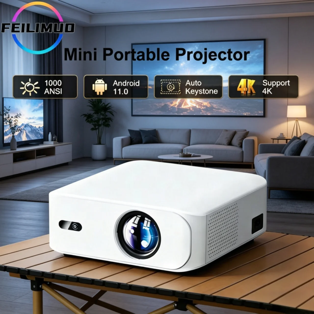 

Ультрамини-проектор Feilimud L9W на Android с автофокусом, разрешением 1080P HD, яркостью 1000 ANSI люмен и низким уровнем шума, идеально подходит для домашних кинотеатров