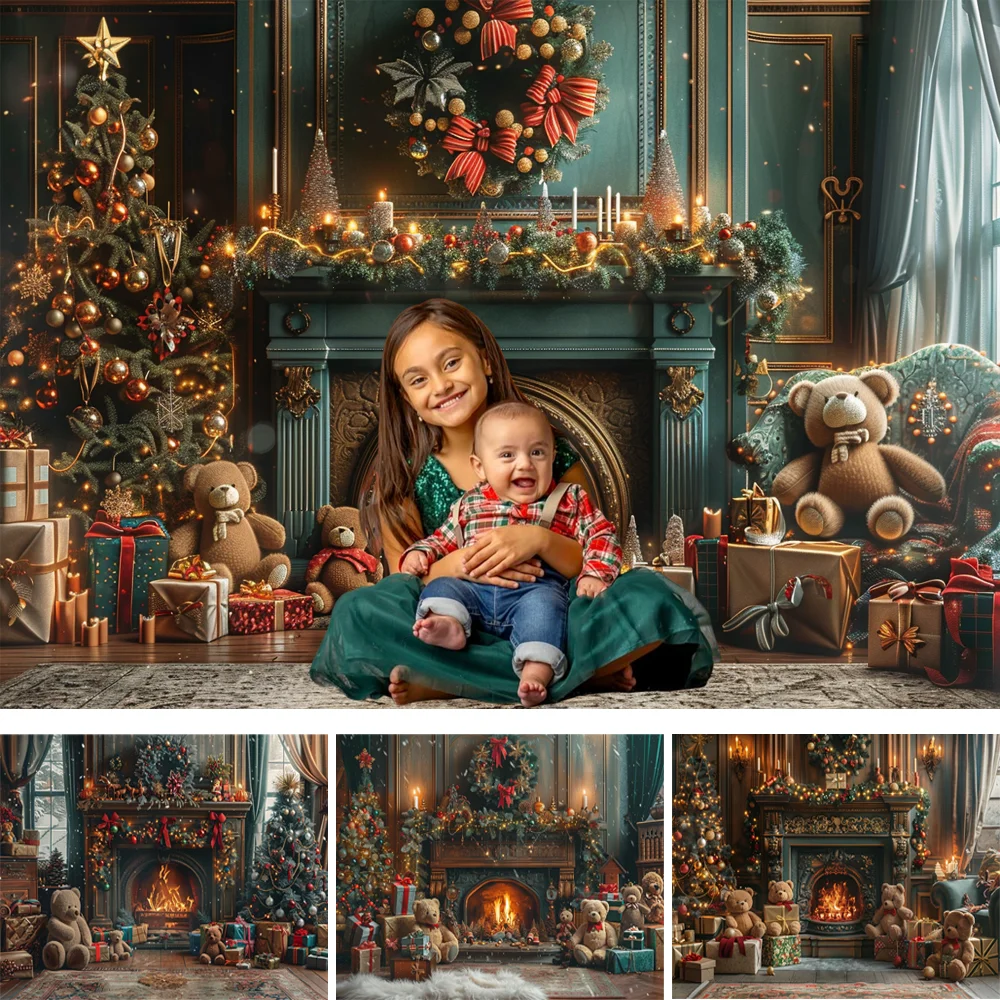 Christmas Fireplace Photography Backdrop Winter Xmas Tree Toy Bear Decor Family Portrait Photocall Prop Kids Birthday Background