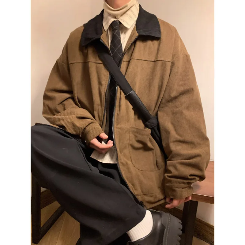 

American Style Vintage Men Bomber Jacket Windbreakers Zipper Coats Autumn Loose Cargo Outwear