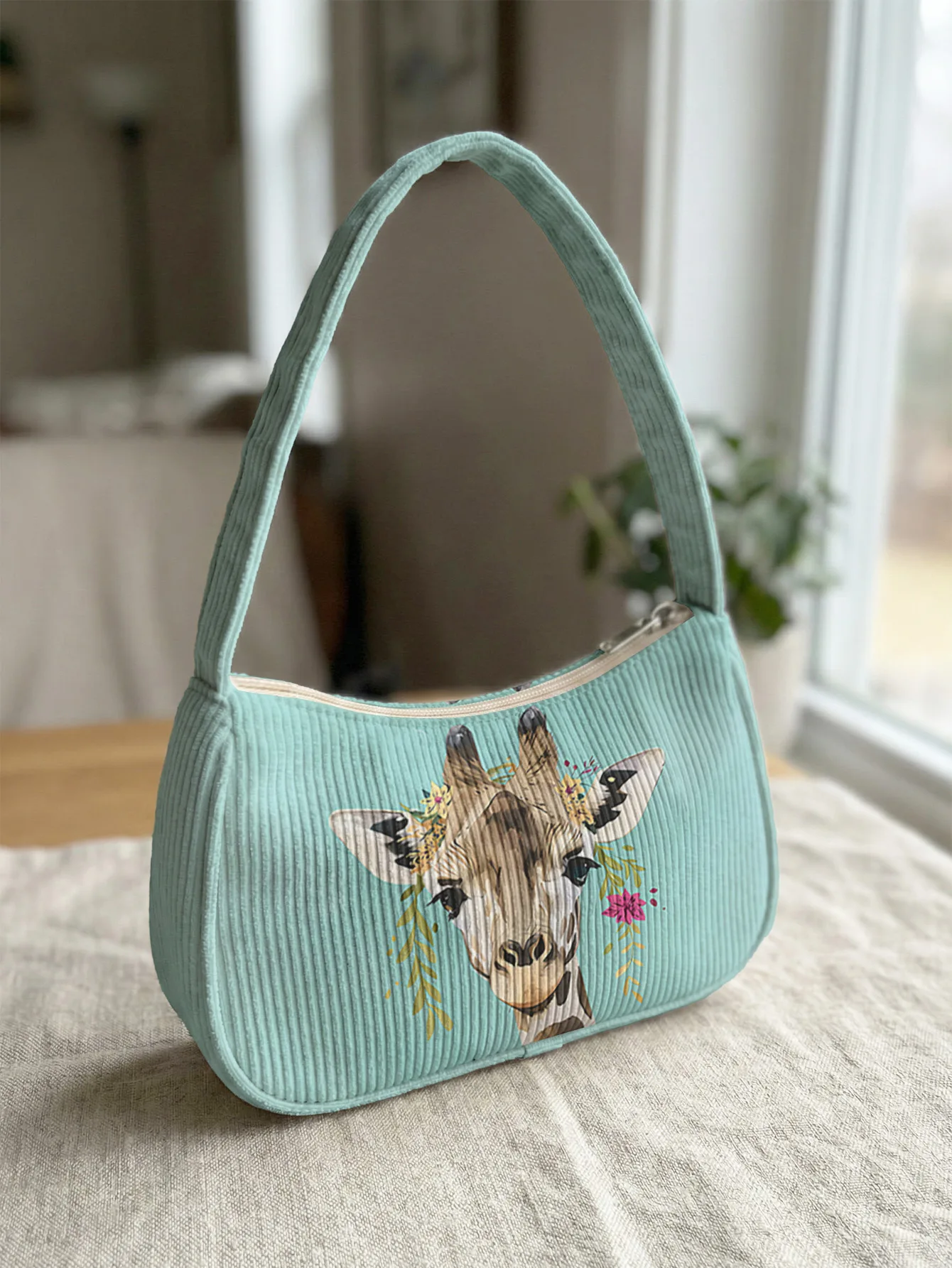 Trendy Flower Crown Giraffe Print Shoulder Bag, Corduroy Underarm Bag for Daily Casual Use
