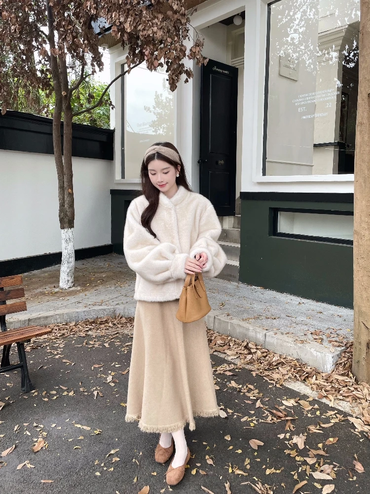 

MOBAI mat Commuter Tassel Knitted Thiened Autumn Winter Women's Skirt A-Line Midi Skirt High Waist Polyester Blend