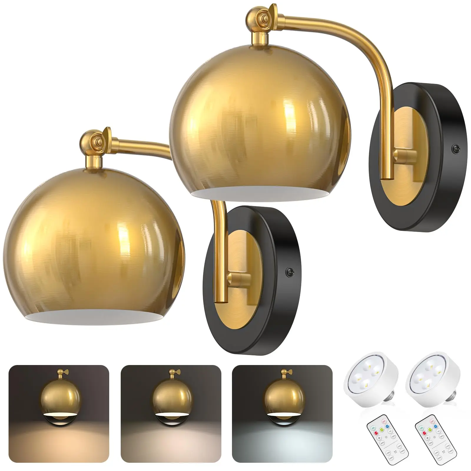 

Gold Battery Operated Wall Sconces Set of 2, Rechargeable Cordless Wall Light Fixture with Remote, Dimmable Wireless
