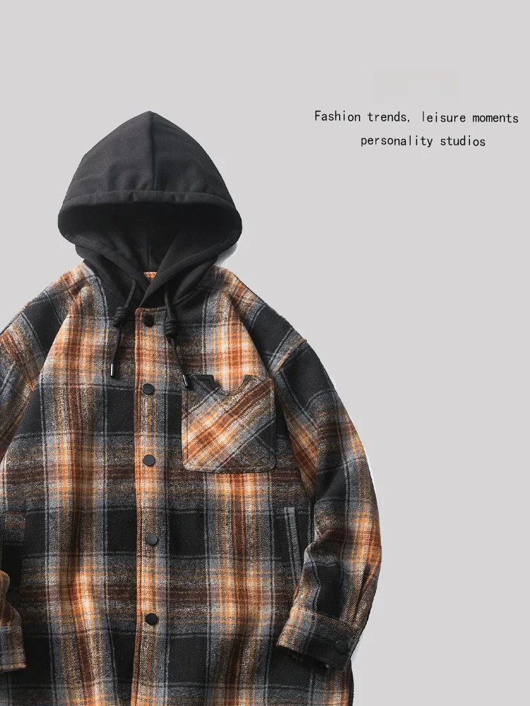 

ANXIE Trendy Brand Men's Flannel Plaid Jaet Street Sle High Street Loose Fit Spring Autumn Hooded Coat