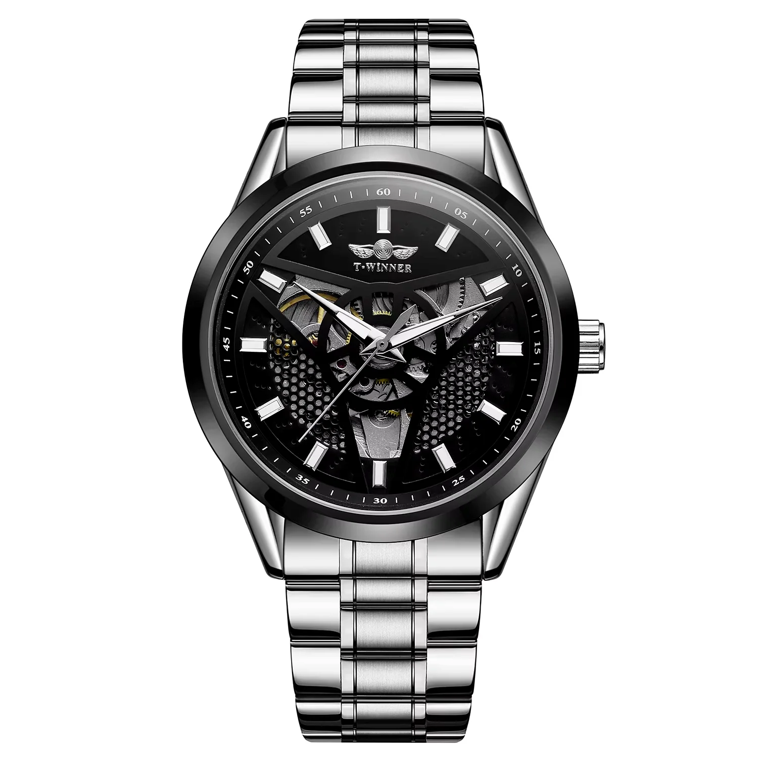 T-winner Casual fashion hollowed-out Triangle Flywheel Pattern Mechanical Watch Black Circular Watch Steel Strap Strap Watch