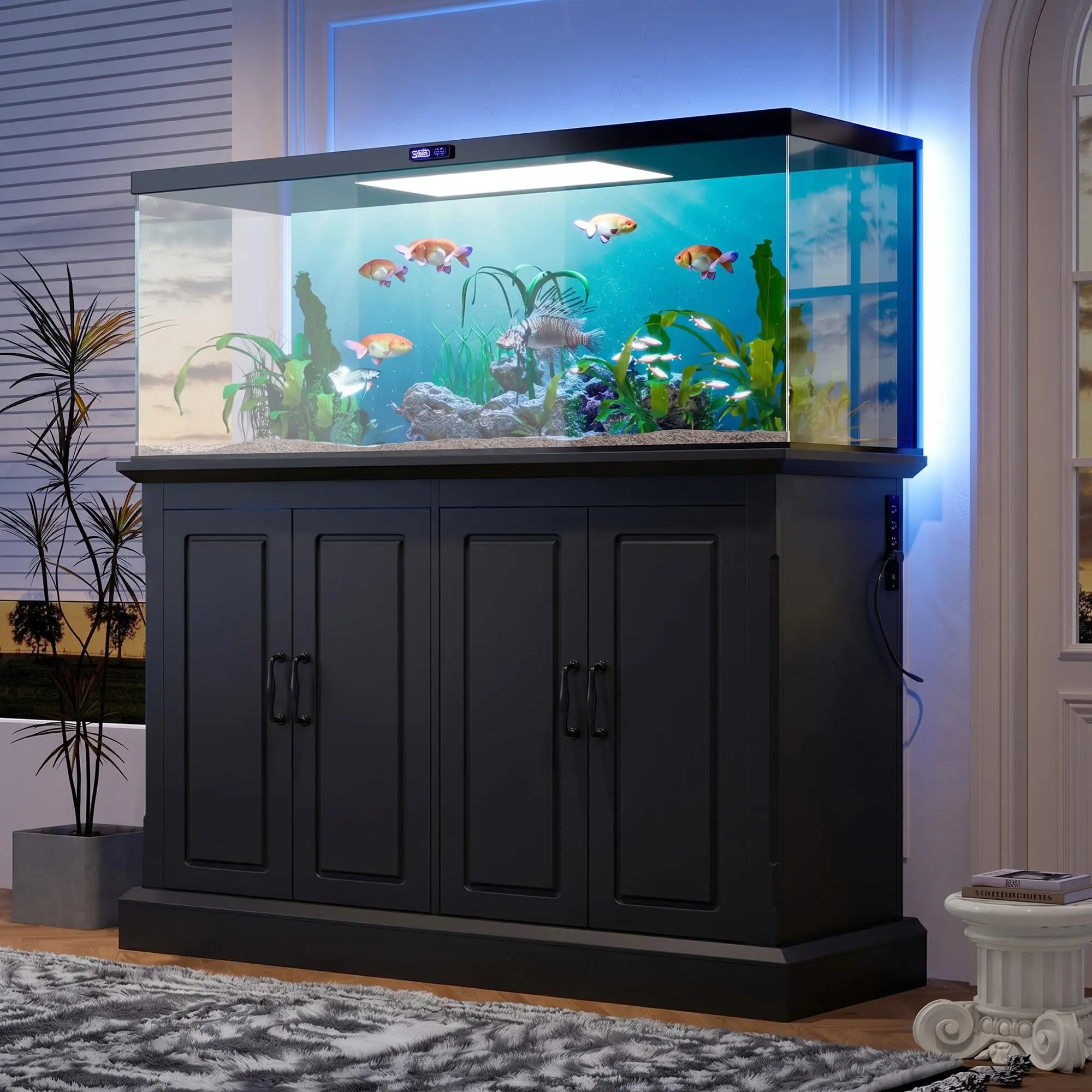 55-75 Gal Fish Tank Stand with Power Outlet & 4 Cabinets, Black