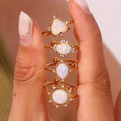 Adjustable Rings For Women Stainless Steel Gold Plated White Natural Opal Stone Rings For Party Wedding Anniversary Ring