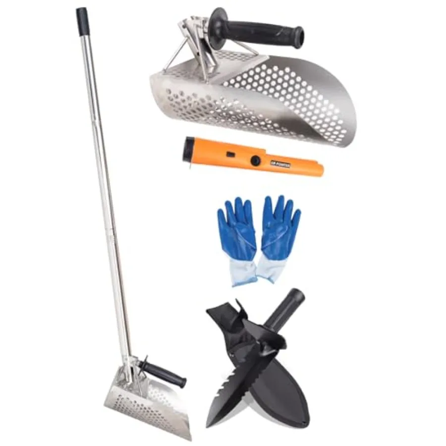 

Heavy Duty Stainless Steel Sand Scoop for Metal Detecting with Long Handle Includes Metal Detecting Pinpointer Shovel Gloves