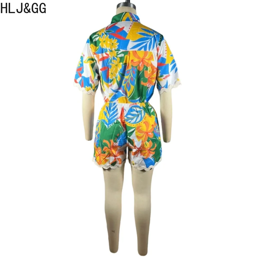 HLJ&GG Fashion Wave Ribbon Shirt Two Piece Sets Women Printing Turndown Collar Button Loose Top And Shorts Holiday Beach Outfits