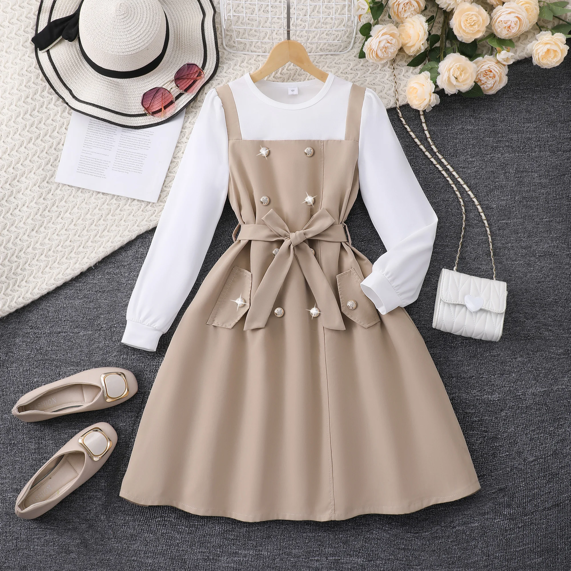 8-12 Years Tween Girls Khaki Casual Double Breasted Waist Cinched Faux Two-Piece Long SleeveDress|Party, Back to School, Daily,