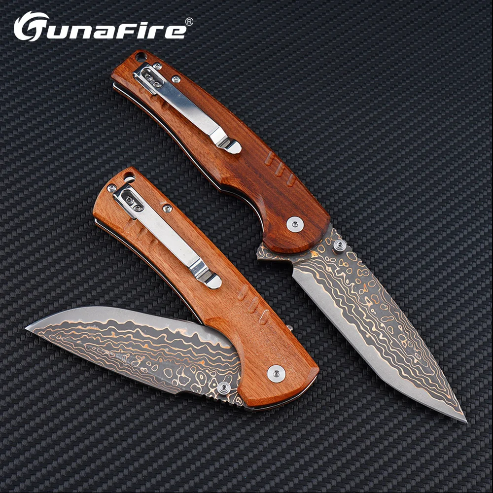 

Складной нож Tunafire Copper Damascus с лезвием из стали VG10, для активного отдыха, кемпинга, охоты, выживания, EDC, рукоять из африканского палисандра