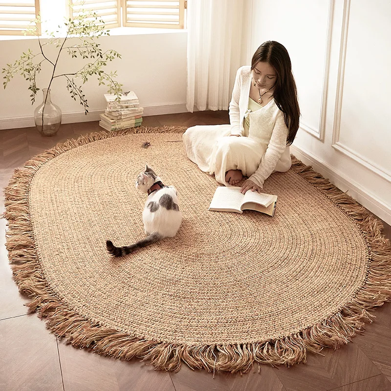 Oval Jute Tassel Carpet Living Room Light Luxury Zero Glue Hand Woven Floor Mat Wabi Sabi Wind Bedroom Bedside Blanket