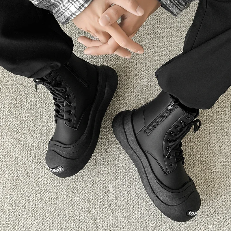 

New Autumn Winter High Top Motorcycle Boots with Lace Up Thick Sole and Height Increasing Solid Color Boot Comfortable Soft Sole