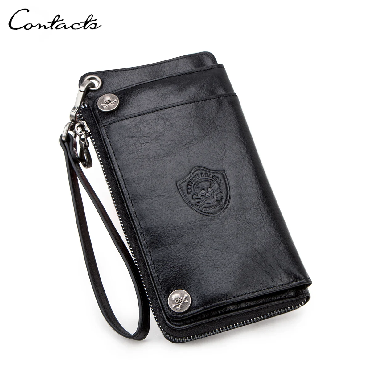 CONTACT'S-billeteras de cuero genuino para hombre, cartera informal con cremallera, monedero, tarjetero, bolsillo para teléfono, Clip para dinero