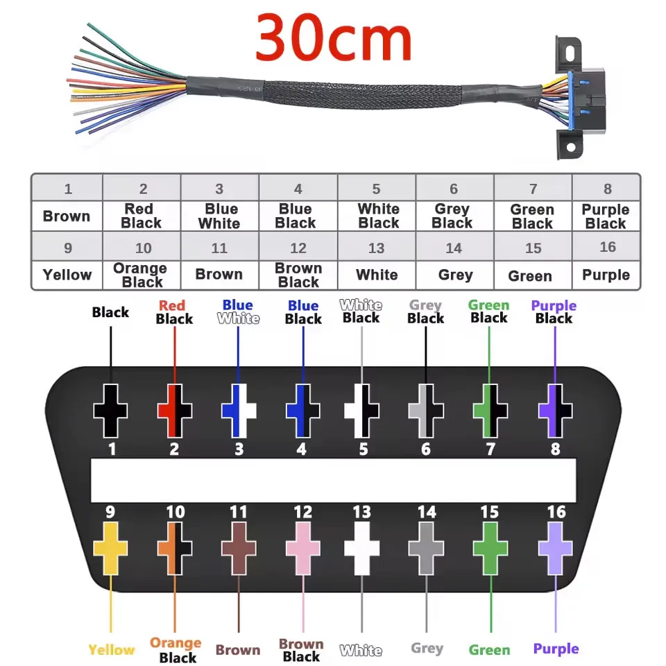 30CM DIY 16pin J1962 OBD2 Extension Cable Male Line To Female Automotive Car Diagnostic Auto Tool OBD 2 Connector Cables