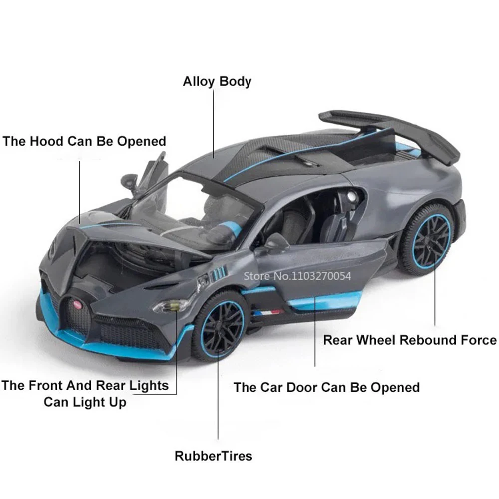 1:32 Bolide Divo Diecast Car Alloy Model Miniature Car with Sound Light Pull Back Doors Opened Vehices Home Decor Ornaments Gift